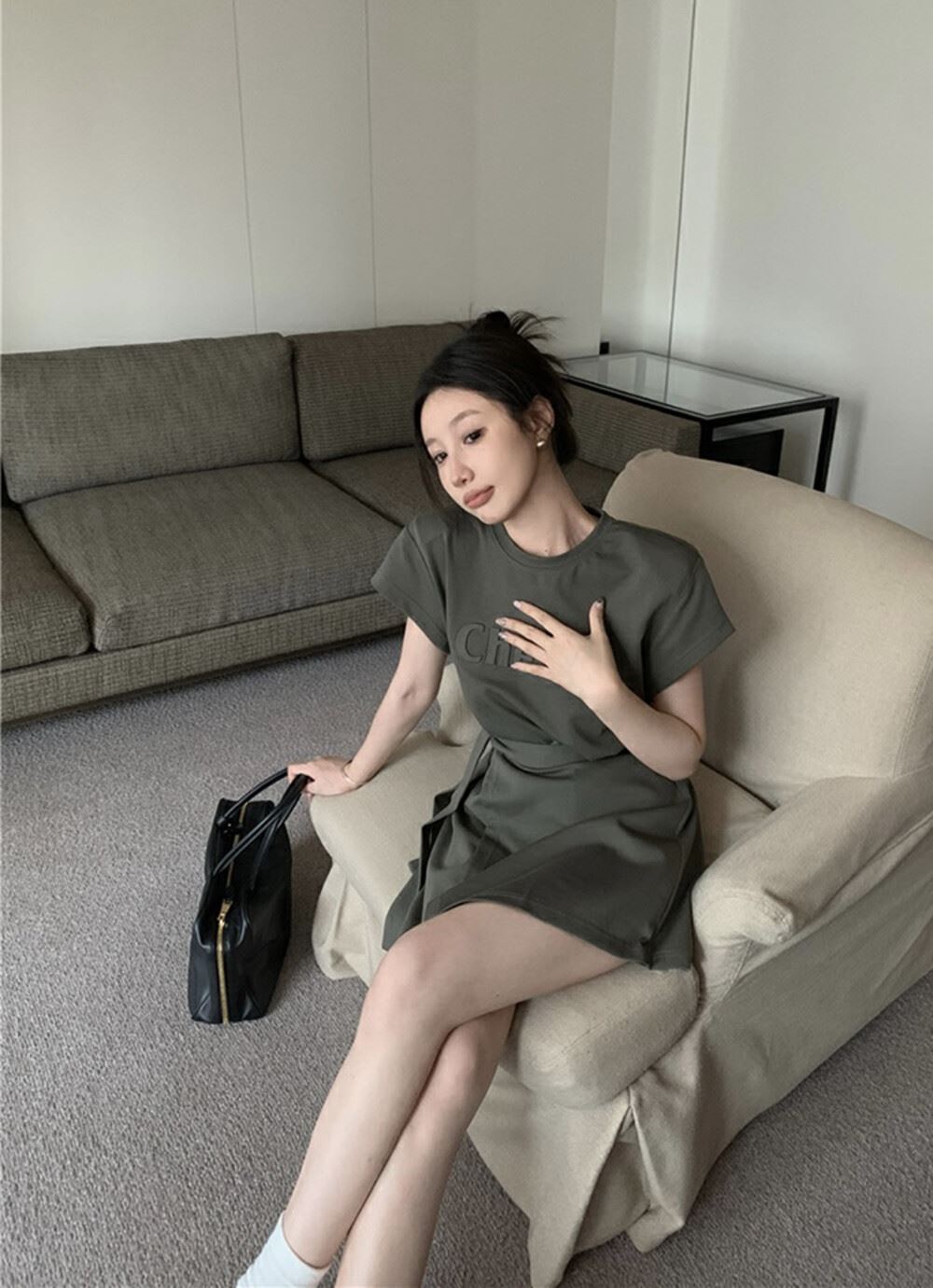 立體字母休閒側綁帶洋裝  灰