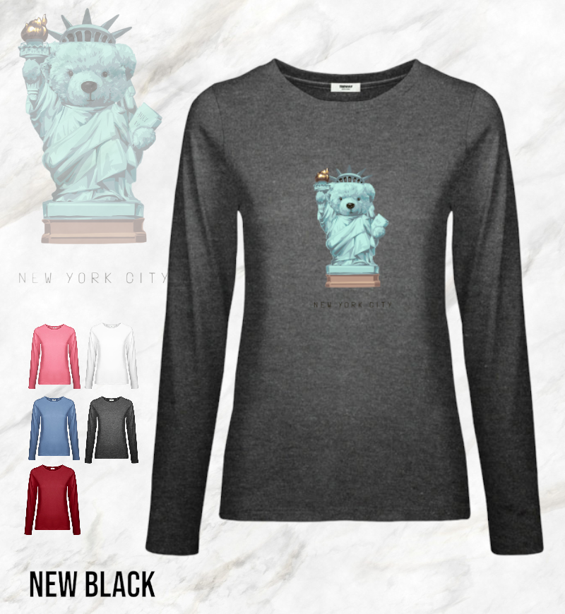 自由女熊純棉100%女長袖薄T (S-2XL) NEWBLACK